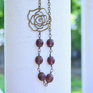 Rose Glass Necklace Vintage Brass Handmade
